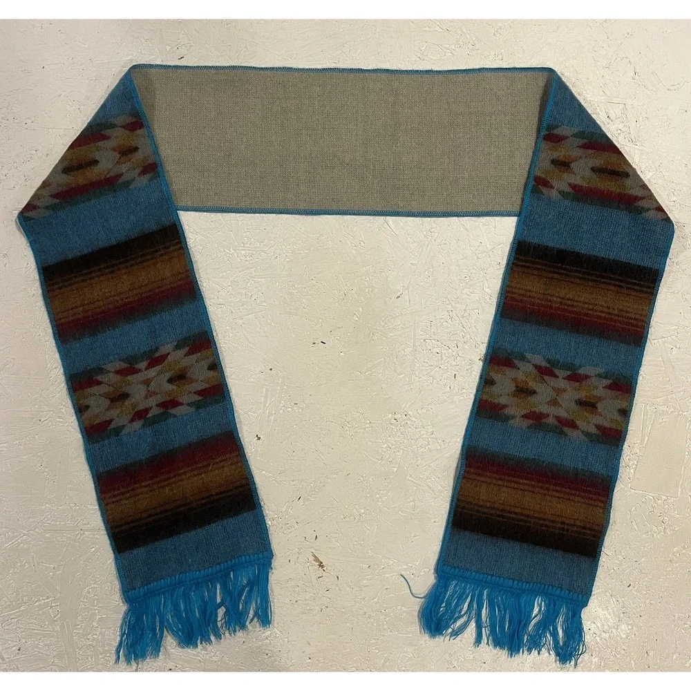 Vintage‎ Wool Aztec Scarf Blue Brown Warm Winter Comfort Native Print Fringe
